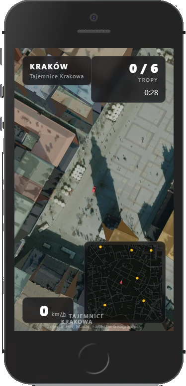 Przejazd po Krakowie na ekranie telefonu: widok z góry na Rynek Główny z cieniem wieży, licznik tropów 0/6, czas 0:28 i minimapa miasta