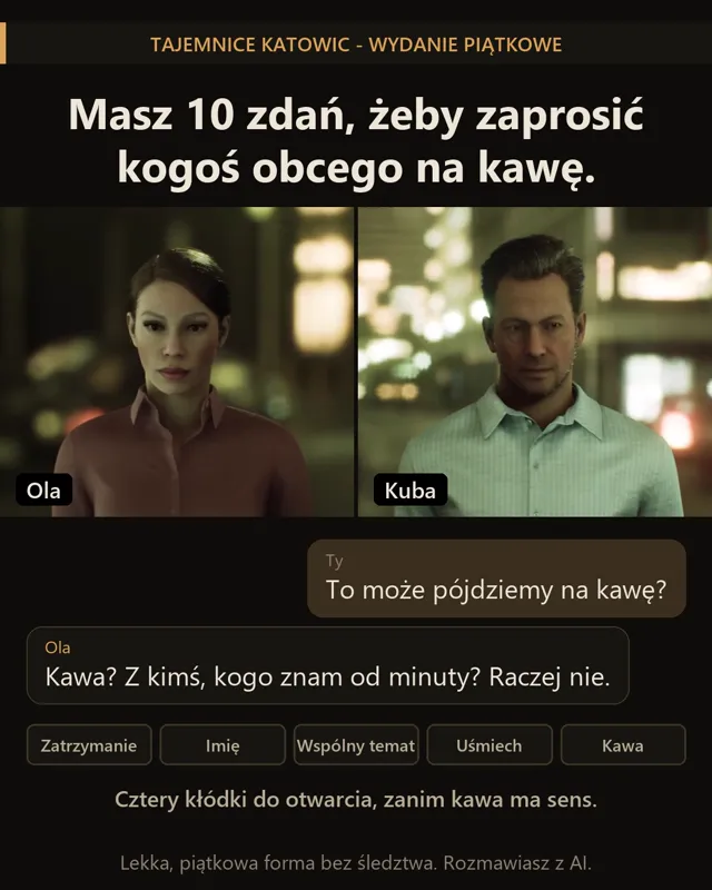 Ola i Kuba - postacie z gry „Na kawę?”, pod nimi fragment rozmowy i pięć kłódek do otwarcia