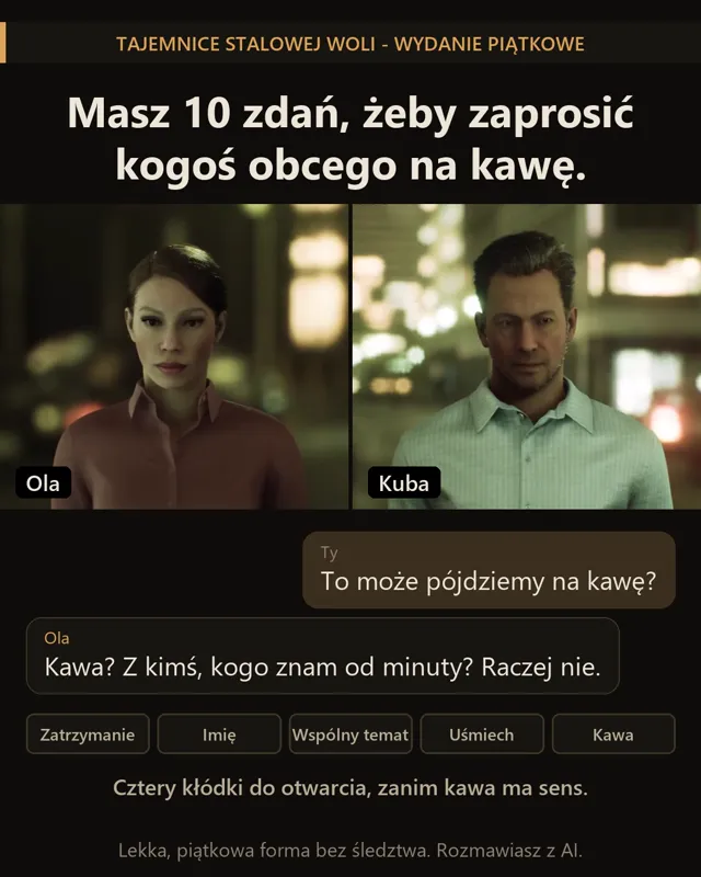 Ola i Kuba - postacie z gry „Na kawę?”, pod nimi fragment rozmowy i pięć kłódek do otwarcia