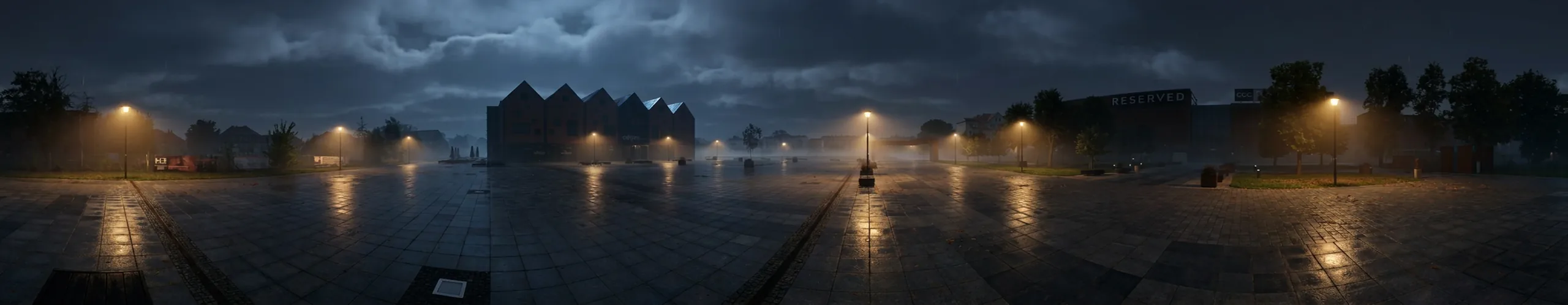 Pusty brukowany plac w centrum Ełku nocą, latarnie odbite w mokrej kostce