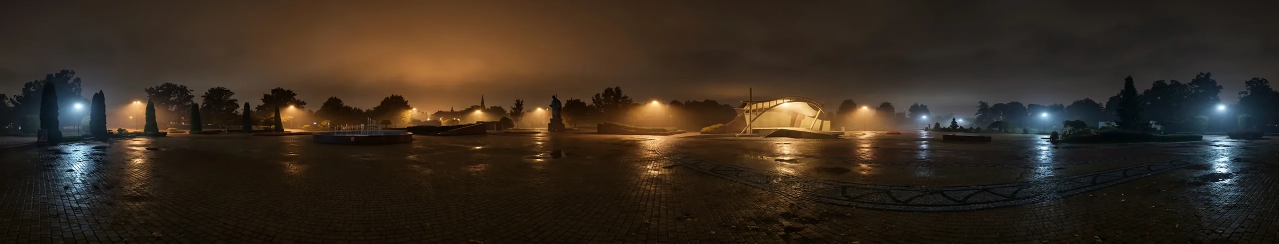 Promenada nad Jeziorem Ełckim nocą - łuna nad wodą, muszla koncertowa i pusty plac