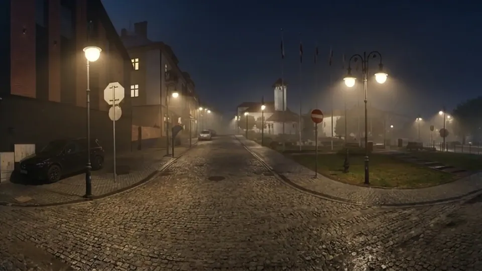 Rynek w Trzebini nocą, mgła i latarnie
